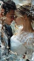 Romantic couple embracing, with soft focus and artistic water effects, capturing the essence of love and connection in a dreamy atmosphere photo