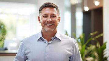 Smiling middle-aged man in a light blue shirt stands confidently in a modern office environment, surrounded by greenery, showcasing a professional and approachable demeanor photo