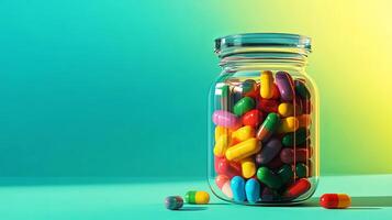 Colorful capsules in a glass jar, filled with vibrant pills, placed on a gradient background, showcasing a lively and appealing display of medication and health products photo