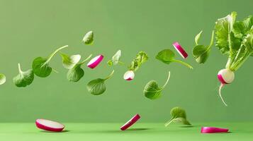 Fresh vegetables, including radishes and leafy greens, are floating against a vibrant green background, showcasing a dynamic and colorful culinary presentation photo