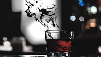 Glass of dark red liquid with splashes and artistic swirl, illuminated by soft bokeh lights in the background, creating a vibrant and dynamic atmosphere for beverage photography photo