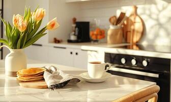 Bright kitchen scene featuring a vase of tulips, a stack of pancakes on a wooden plate, and a cup of coffee on a marble countertop, creating a warm and inviting atmosphere photo