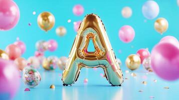 Golden letter A balloon surrounded by colorful balloons and confetti on a bright blue background, creating a festive and celebratory atmosphere for events and parties photo