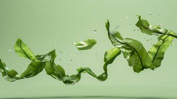 Green aquatic leaves gracefully floating in water, surrounded by bubbles, creating a serene and refreshing atmosphere, ideal for nature and wellness themes photo