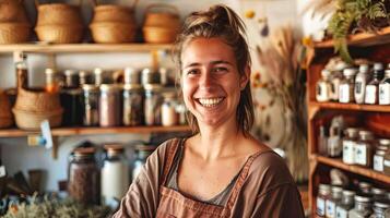 Smiling woman with long hair wearing an apron stands in a cozy shop filled with jars and plants, showcasing a warm atmosphere of natural products and artisanal goods photo