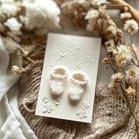 Delicate handmade baby booties displayed on textured fabric with dried flowers and embossed card, creating a serene and charming atmosphere for newborn photography photo