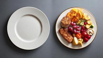 Plate with colorful assortment of fresh fruits and grilled salmon, alongside an empty plate, showcasing a healthy meal presentation and culinary creativity photo