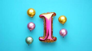 Colorful number one balloon surrounded by shiny balloons in various colors on a vibrant blue background, perfect for celebrating birthdays or special occasions with festive decorations photo