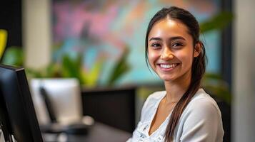 Young woman with long dark hair is smiling at the camera while sitting at a desk in a modern office environment, showcasing a friendly and professional atmosphere photo