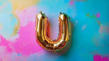 Golden letter U balloon on a vibrant abstract background featuring colorful splashes and textures, creating a festive and playful atmosphere for celebrations and events photo