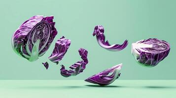 Vibrant purple cabbage floating in mid-air, artistically sliced into pieces, showcasing intricate textures and colors against a soft mint green background, emphasizing freshness and creativity photo