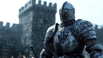 Armored knight stands confidently in front of a medieval castle, showcasing intricate details of the armor and the stronghold's architecture, embodying valor and history photo
