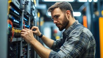 Male technician in a checkered shirt is working on server equipment in a data center, surrounded by cables and blinking lights, showcasing technical skills and focus on maintenance tasks photo