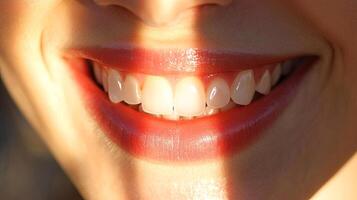 Close-up of a smiling woman with bright white teeth and glossy lips, illuminated by natural light, showcasing a joyful expression and vibrant personality in a warm atmosphere photo