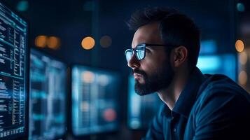 Male professional with glasses focused on computer screens displaying data analytics, immersed in technology, showcasing dedication to digital innovation and problem-solving photo