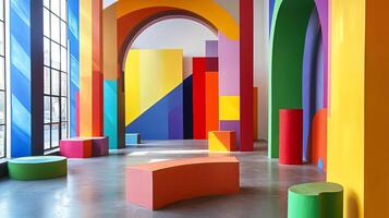 Vibrant interior space featuring colorful geometric shapes and bold patterns, showcasing a modern artistic environment with playful elements and dynamic visual appeal photo