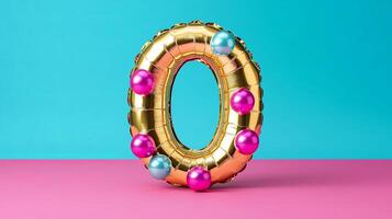 Golden balloon number zero with colorful round decorations stands prominently on a pink surface against a vibrant blue background, perfect for festive celebrations and events photo