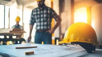 Construction workers in hard hats are reviewing blueprints on a table, with a yellow helmet in the foreground, showcasing teamwork and planning in a bright workspace photo