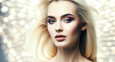 Beautiful woman with long blonde hair and striking makeup poses elegantly against a blurred background of soft lights, showcasing a glamorous and captivating beauty portrait photo