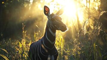 Striped animal standing in tall grass, illuminated by golden sunlight, showcasing its unique features and natural habitat, embodying the beauty of wildlife in a serene environment photo
