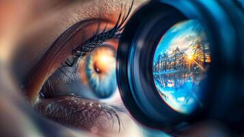 Close-up of a human eye gazing through a camera lens, capturing a vibrant sunset landscape reflected in the lens, showcasing the beauty of nature and photography photo