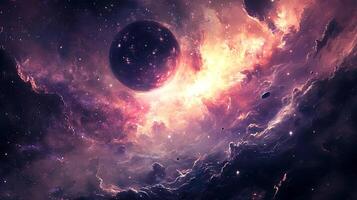 Cosmic scene featuring vibrant nebulae, distant stars, and a large planet, creating a mesmerizing view of the universe, showcasing the beauty of outer space and celestial wonders photo