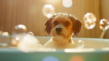 Small dog enjoying a bubble bath in a bright bathroom, surrounded by floating soap bubbles, capturing a playful and joyful moment of pet care and grooming experience photo