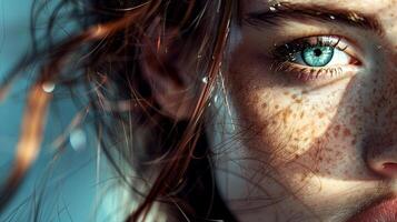 Close-up portrait of a young woman with striking blue eyes and freckles, illuminated by soft natural light, showcasing her unique beauty and captivating expression photo
