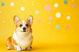 Adorable corgi dog sitting on vibrant yellow background with colorful polka dots, showcasing playful expression and fluffy fur, perfect for cheerful pet-themed designs and marketing materials photo