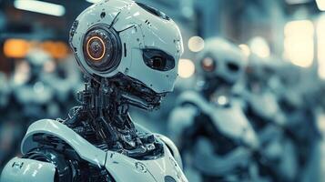 Futuristic humanoid robot with intricate mechanical details stands in a high-tech environment, showcasing advanced technology and design, representing innovation and artificial intelligence photo