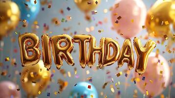 Golden balloon letters spelling birthday, surrounded by colorful balloons and confetti, creating a festive atmosphere for celebrations and joyful occasions photo