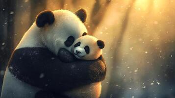 Two adorable pandas, a parent and its cub, are embracing each other in a serene forest setting, surrounded by soft snowfall and warm golden light, showcasing their bond and affection photo