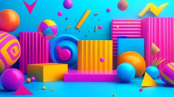 3d rendering of colorful cubes and shapes on a blue background photo