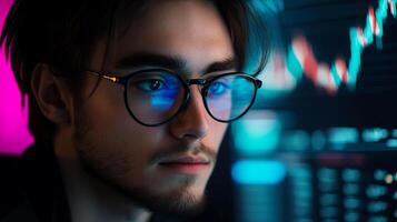 Young man with glasses focused on digital financial data analysis, illuminated by colorful screens, showcasing modern technology and analytical skills in a contemporary workspace photo