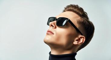 Young man wearing stylish sunglasses and a black turtleneck, gazing upward with confidence, showcasing modern fashion and a sense of cool sophistication in a minimalistic setting photo