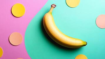 Bright yellow banana placed on a vibrant pastel background with colorful circular shapes, creating a playful and modern visual composition for design and marketing purposes photo