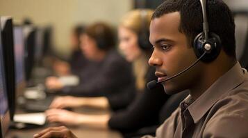 African American man wearing headset is engaged in customer support at a call center, focused on computer screen, with colleagues working in the background, showcasing teamwork and communication photo