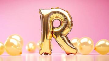Golden letter R balloon stands prominently against a soft pink background, surrounded by shiny yellow balloons, creating a festive and celebratory atmosphere for events and parties photo