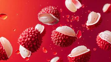 Vibrant red lychee fruits with textured skin and translucent flesh are floating against a gradient background, showcasing their unique appearance and juicy interior photo