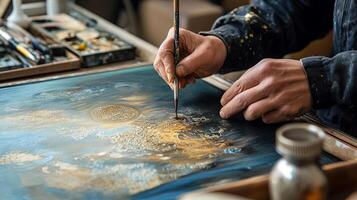 Artist hands skillfully painting a vibrant abstract artwork on canvas with rich textures and colors, showcasing creativity and artistic expression in a studio environment photo