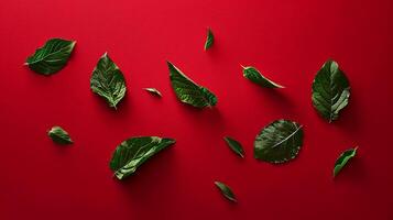 Green leaves scattered artistically on a vibrant red background, showcasing natural textures and colors, creating a visually striking and dynamic composition for design purposes photo