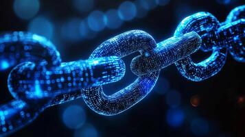 Digital chain link composed of glowing blue data streams, representing blockchain technology and secure connections in a futuristic digital environment with abstract elements photo