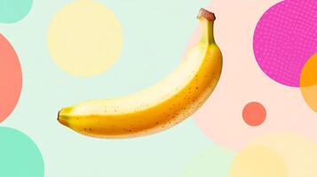 Bright yellow banana floating against a colorful abstract background with circles, showcasing vibrant colors and playful design elements for creative projects photo
