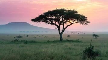 Majestic acacia tree stands alone in vast savannah landscape at sunrise, with soft pastel colors illuminating the sky and distant hills creating a serene atmosphere photo
