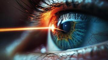 Close-up of a human eye with a laser beam targeting the pupil, showcasing intricate details of the iris and eyelashes, highlighting advanced technology in vision correction procedures photo