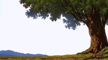 Large, majestic tree with a thick trunk and lush green foliage stands prominently on a grassy hill, surrounded by distant mountains and a clear blue sky, creating a serene landscape photo