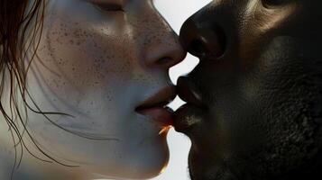 Close-up of an african american man and a caucasian woman sharing an intimate kiss, showcasing their facial features and emotions in a soft, romantic atmosphere with warm lighting photo