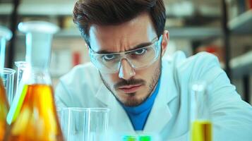 Male scientist in a laboratory wearing glasses and a white coat, focused on chemical experiments with colorful liquids in glassware, showcasing dedication to research and innovation photo
