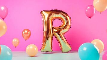 Large golden letter R balloon stands prominently against a vibrant pink background, surrounded by colorful balloons, creating a festive and cheerful atmosphere for celebrations photo