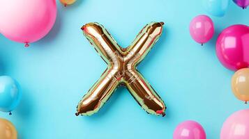 Golden foil letter X balloon surrounded by colorful balloons on a vibrant blue background, creating a festive atmosphere for celebrations and special occasions photo